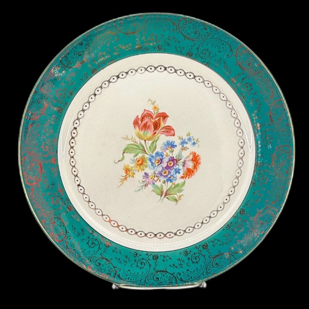 Royal Winton Grimwade Plate 10.5" Diameter Teal Green W/22 KT Trim, Made In USA.